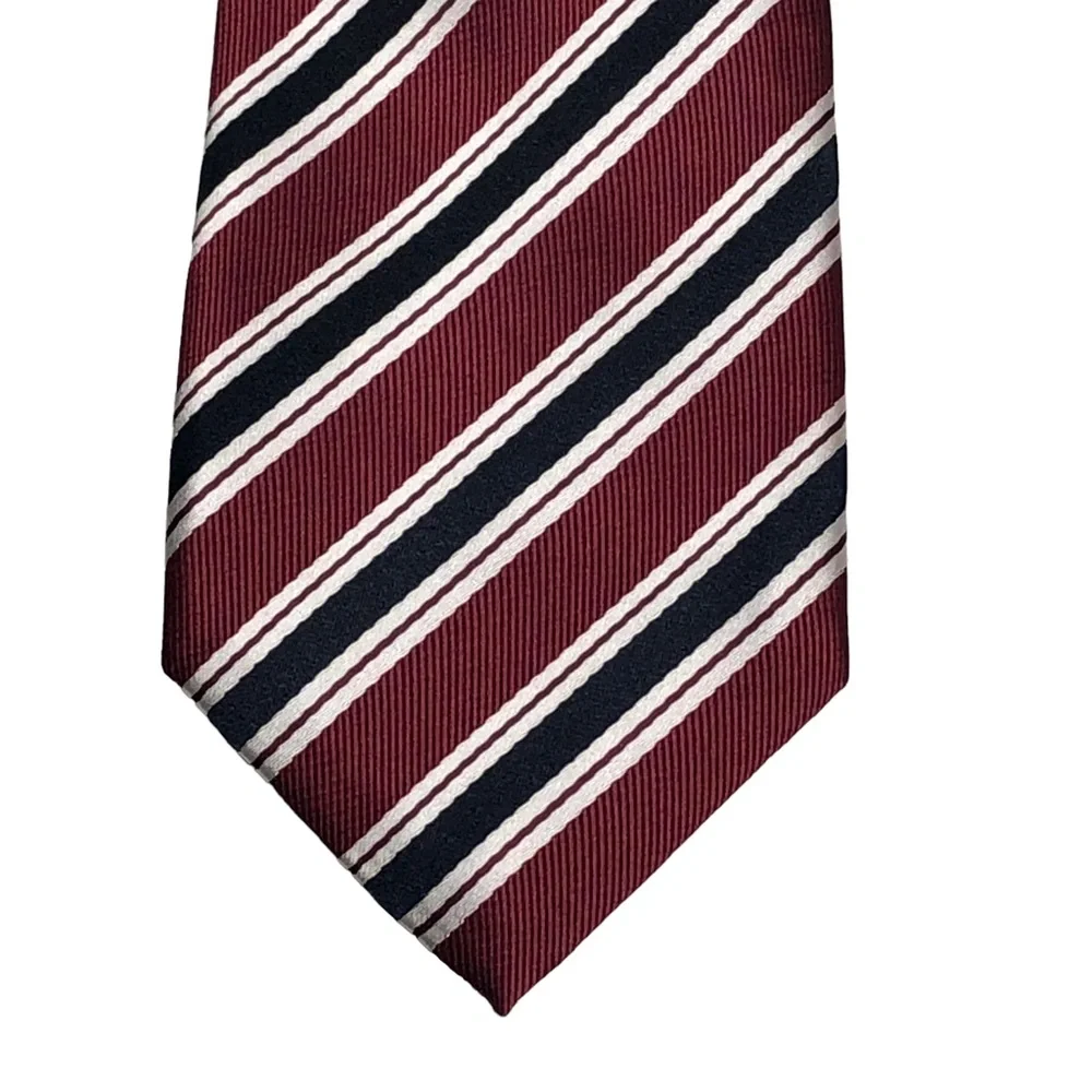 R. Junior Boy’s Maroon Navy and White Striped Microfiber Tie Size 8-10